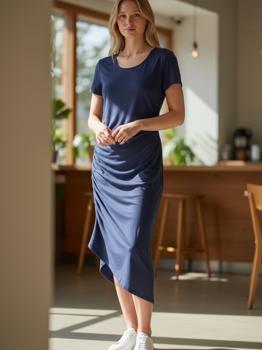 Skinnygirl Navy Side-Ruched Midi Dress
